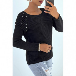 Pull noir épaules bombé style motard avec perles