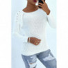 Pull blanc épaules bombé style motard avec perles. Pull chic