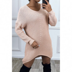 Robe pull rose tombante avec jolie forme et fil argenté