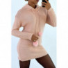 Robe pull rose à capuche avec lacet pompon. Pull femme pas cher