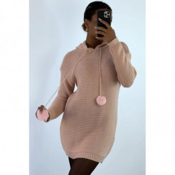 Robe pull rose à capuche avec lacet pompon. Pull femme pas cher