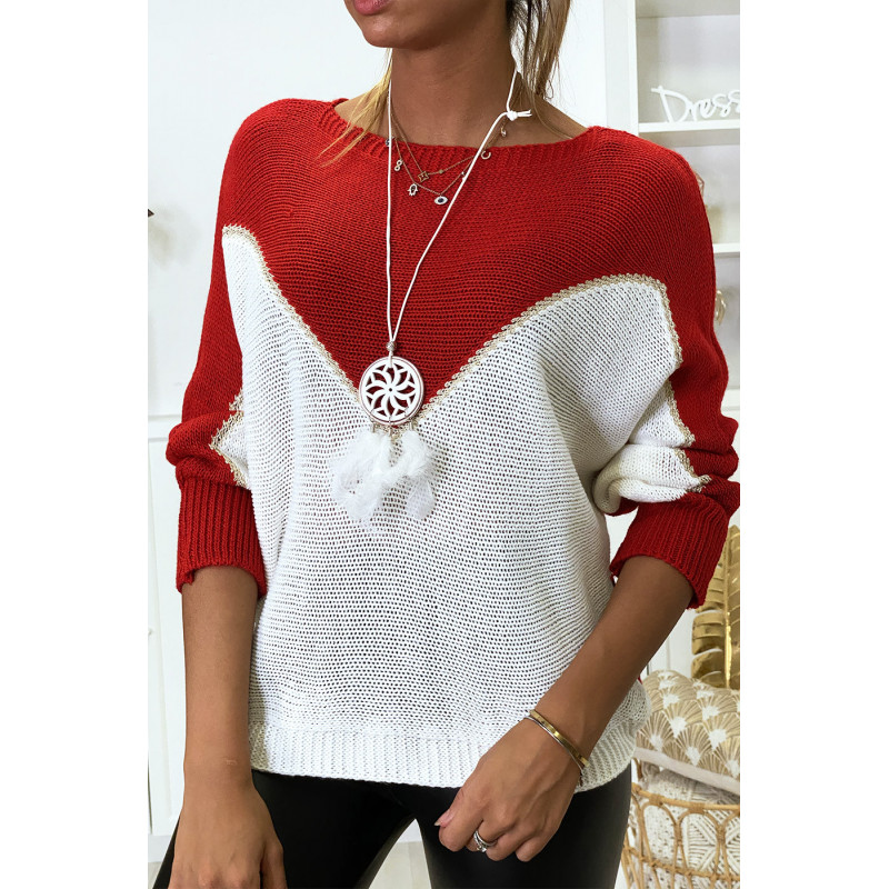 Pull rouge blanc et doré coupe chauve souris sans le collier