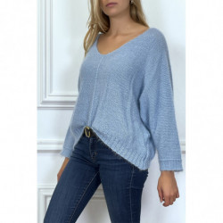 Pull turquoise over size et tombant composé de laine