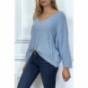 Pull turquoise over size et tombant composé de laine