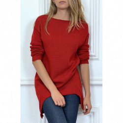 Pull tunique rouge ouvert en bas à lavant