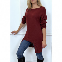 Pull tunique bordeaux ouvert en bas à lavant