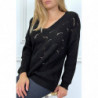 Pull noir col V tombant tressé en forme de feuilles