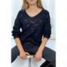 Pull marine col V tombant tressé en forme de feuilles