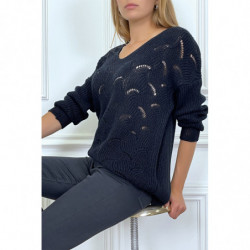 Pull marine col V tombant tressé en forme de feuilles