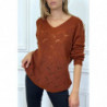 Pull cognac col V tombant tressé en forme de feuilles