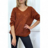 Pull cognac col V tombant tressé en forme de feuilles