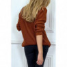 Pull cognac col V tombant tressé en forme de feuilles