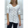 Pull blanc col V tombant tressé en forme de feuilles