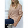 Pull rose avec joli forme tombante et fil argenté