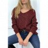 Pull bordeaux avec joli forme tombante et fil argenté