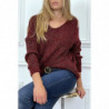 Pull bordeaux avec joli forme tombante et fil argenté