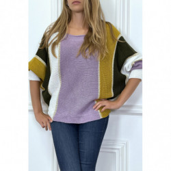 Pull multicolore à dominance lilas en maille tressée avec dorure et manche chauve souris.