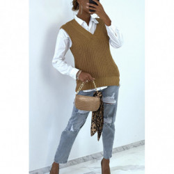 Pull col V camel sans manche. Pull femme tendance