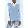 Pull col V turquoise sans manche. Pull femme tendance