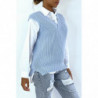 Pull col V turquoise sans manche. Pull femme tendance