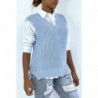 Pull col V turquoise sans manche. Pull femme tendance