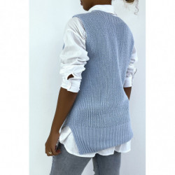 Pull col V turquoise sans manche. Pull femme tendance