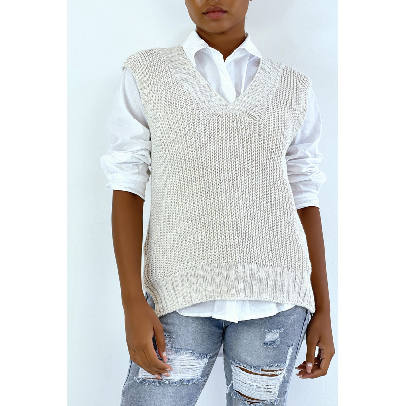 Pull col V beige sans manche. Pull femme tendance