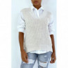 Pull col V beige sans manche. Pull femme tendance