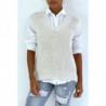 Pull col V beige sans manche. Pull femme tendance