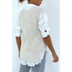 Pull col V beige sans manche. Pull femme tendance