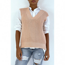 Pull col V rose sans manche. Pull femme tendance