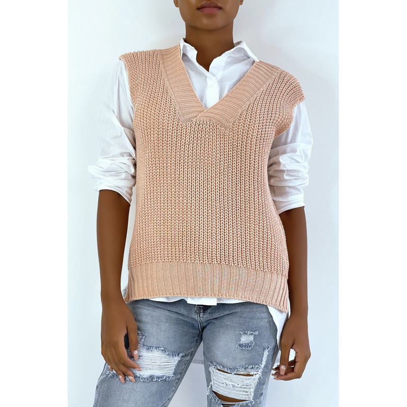 Pull col V rose sans manche. Pull femme tendance