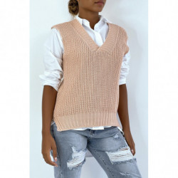 Pull col V rose sans manche. Pull femme tendance