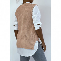 Pull col V rose sans manche. Pull femme tendance