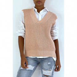 Pull col V rose sans manche. Pull femme tendance