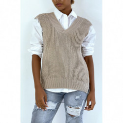 Pull col V taupe sans manche. Pull femme tendance