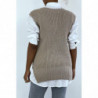 Pull col V taupe sans manche. Pull femme tendance