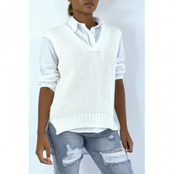 Pull col V blanc sans manche. Pull femme tendance