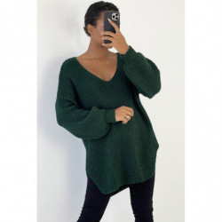 Gris pull col V over size bien épais en vert sapin