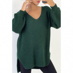 Gris pull col V over size bien épais en vert sapin