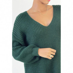 Gris pull col V over size bien épais en vert sapin