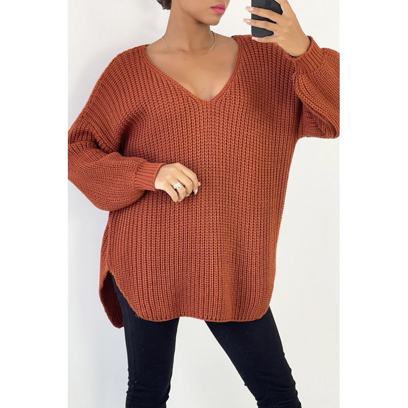 Gris pull col V over size bien épais en cognac