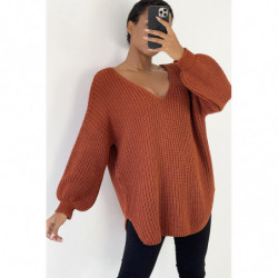 Gris pull col V over size bien épais en cognac