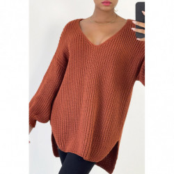 Gris pull col V over size bien épais en cognac