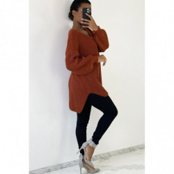 Gris pull col V over size bien épais en cognac