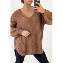 Gris pull col V over size bien épais en marron