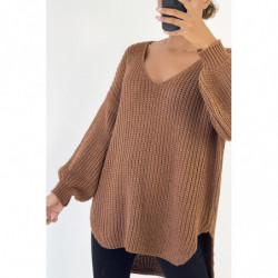 Gris pull col V over size bien épais en marron