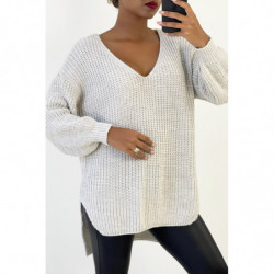 Pull col V over size bien épais en beige