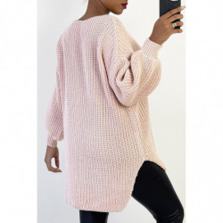 Pull col V over size bien épais en rose