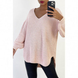 Pull col V over size bien épais en rose